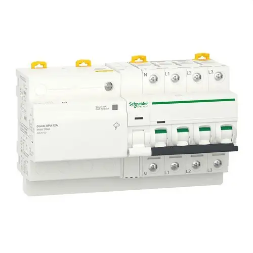 Automatische schakelaar met gecombineerde overspanningsbeveiliging Acti9 Combi SPU 3P + N 32 A met referentie A9L20732 van het merk SCHNEIDER ELECTRIC
